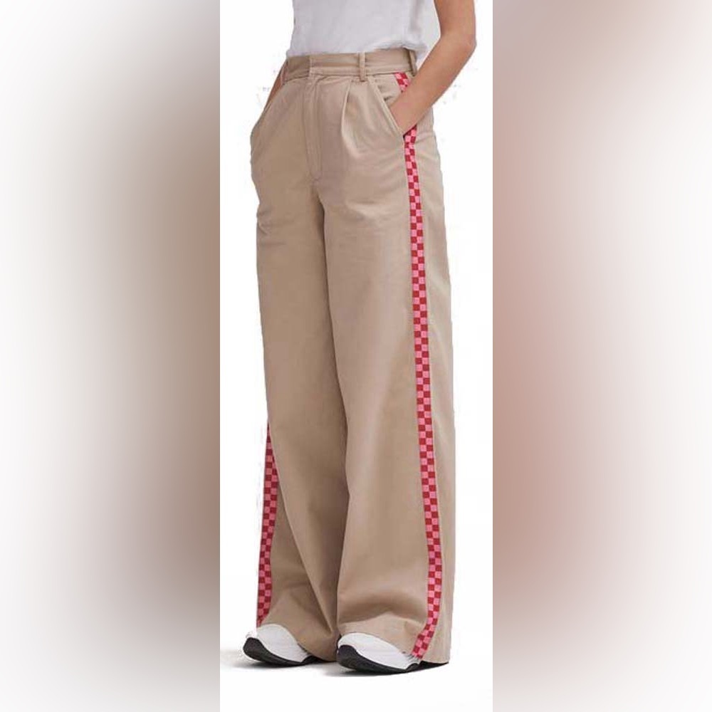 Lazy Oaf Checkered Stripe Wide Leg Khaki Track Pants Trousers size 24 - Picture 3 of 13